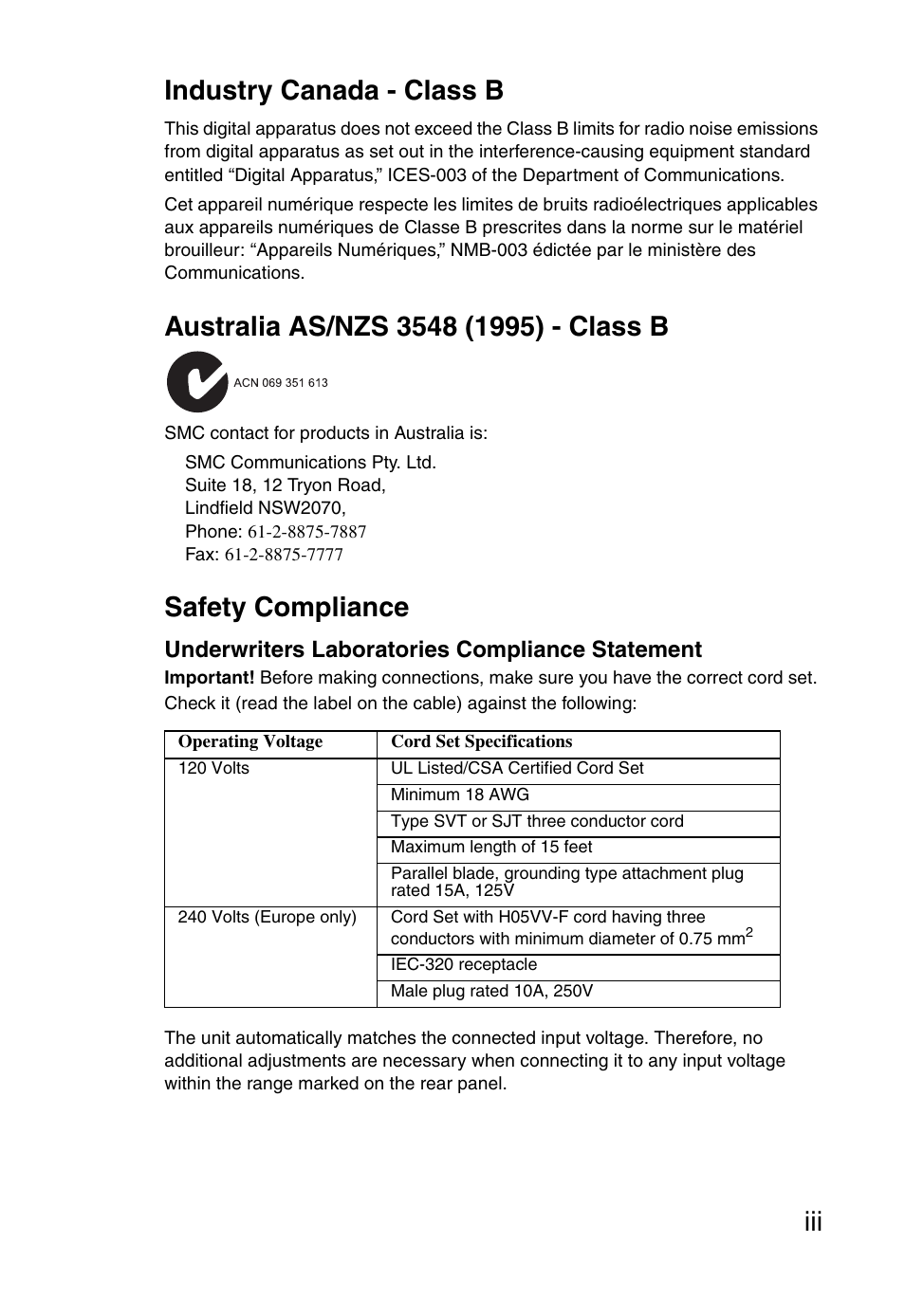 Iii industry canada - class b, Safety compliance | SMC Networks Barricade SMC2804WBR38 User Manual | Page 7 / 82