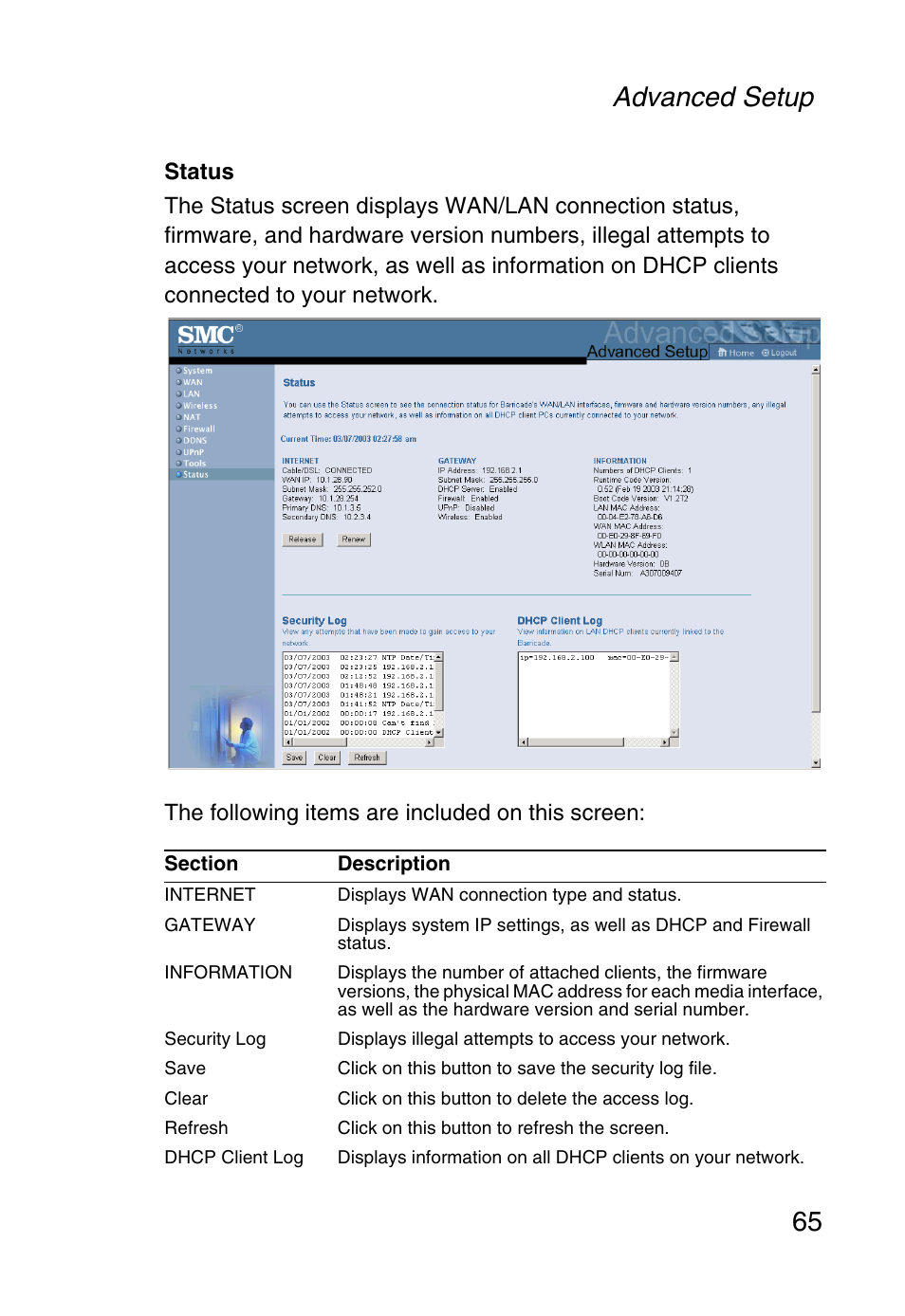 Advanced setup 65 | SMC Networks Barricade SMC2804WBR38 User Manual | Page 75 / 82