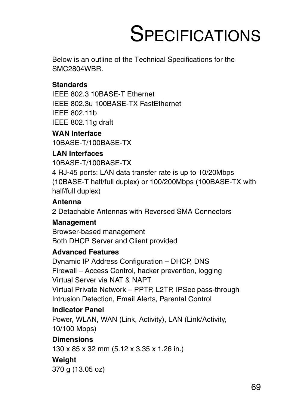 Specifications, Pecifications | SMC Networks Barricade SMC2804WBR38 User Manual | Page 79 / 82