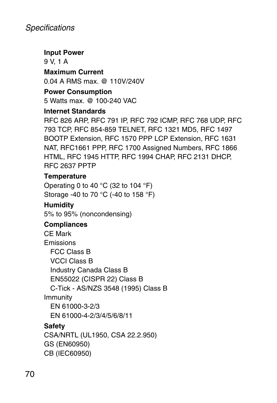 Specifications 70 | SMC Networks Barricade SMC2804WBR38 User Manual | Page 80 / 82