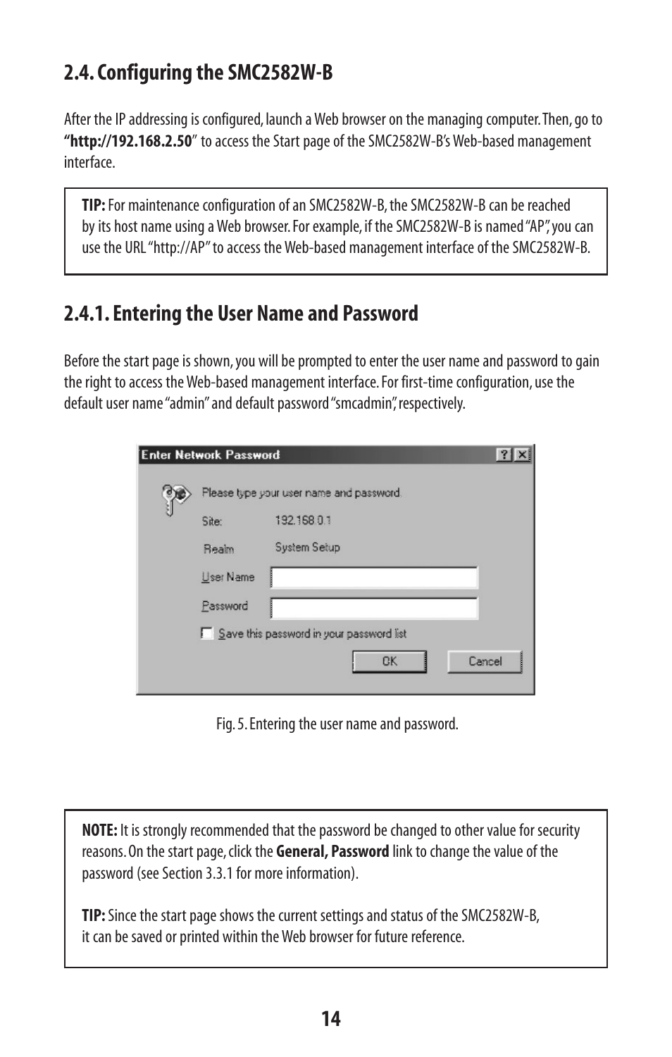 Configuring the smc2582w-b, Entering the user name and password | SMC Networks SMC2582W-B User Manual | Page 14 / 52