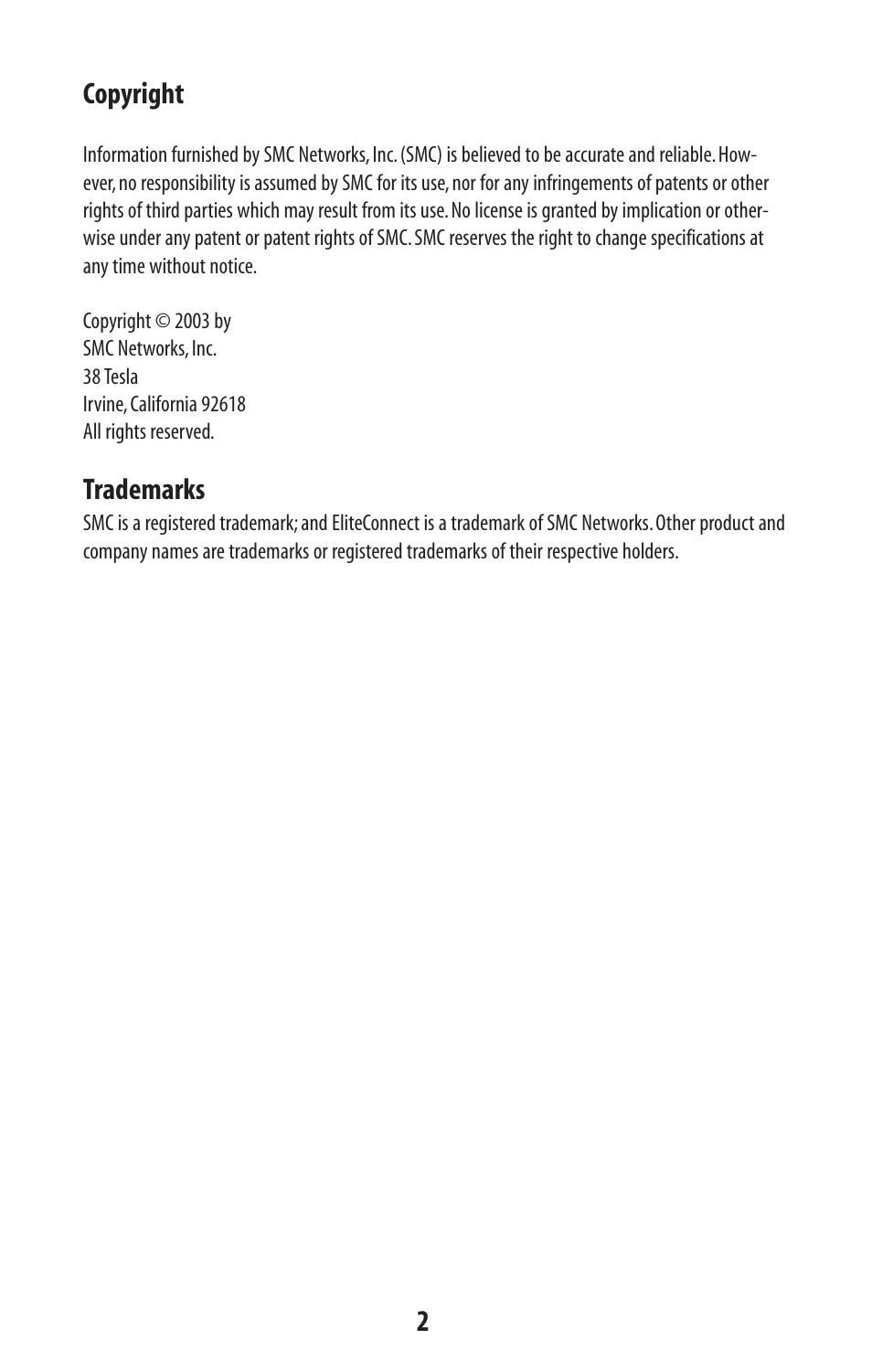 Copyright, Trademarks | SMC Networks SMC2582W-B User Manual | Page 2 / 52