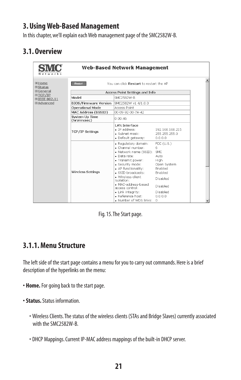 Using web-based management, Overview, Menu structure | SMC Networks SMC2582W-B User Manual | Page 21 / 52