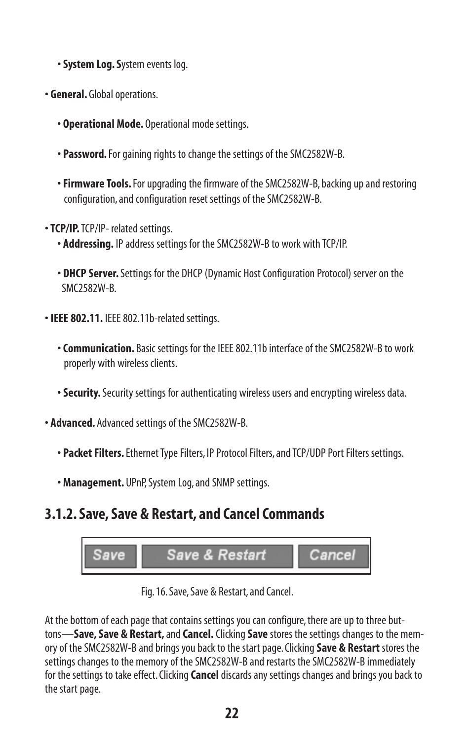 Save, save & restart, and cancel commands | SMC Networks SMC2582W-B User Manual | Page 22 / 52