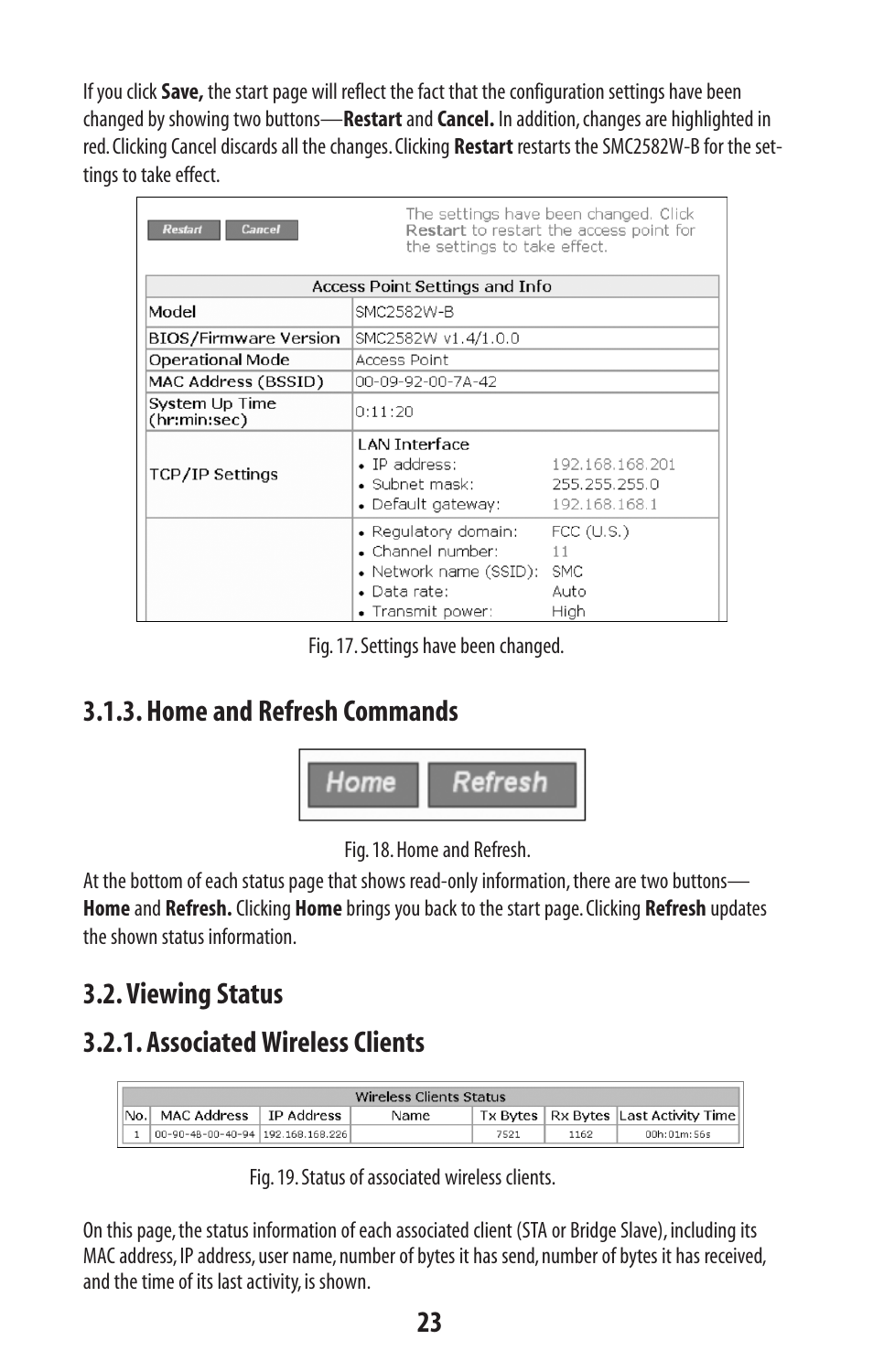 Home and refresh commands, Viewing status 3.2.1. associated wireless clients | SMC Networks SMC2582W-B User Manual | Page 23 / 52