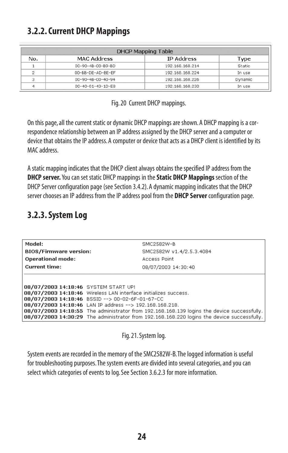 Current dhcp mappings, System log | SMC Networks SMC2582W-B User Manual | Page 24 / 52