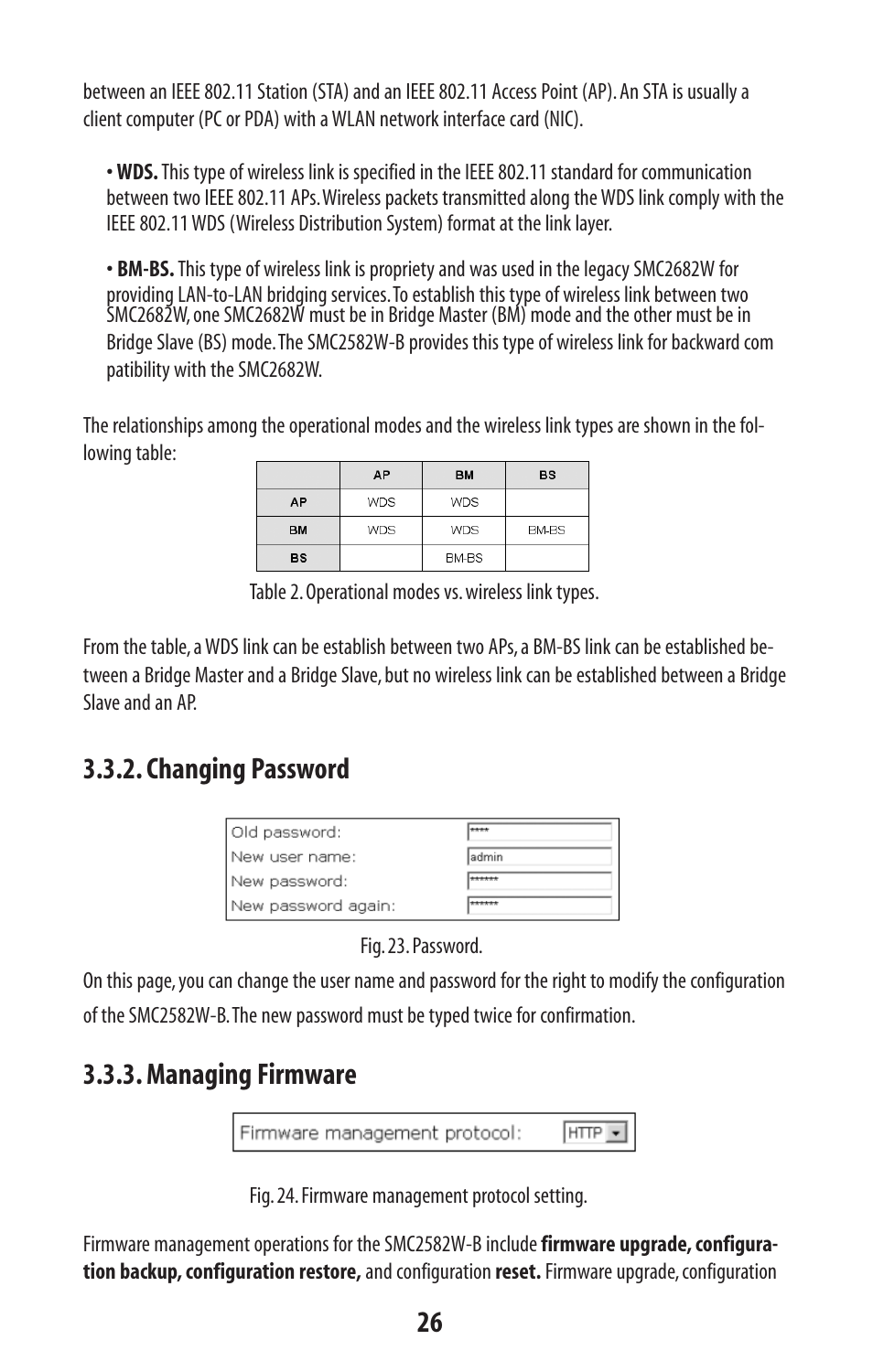 Changing password, Managing firmware | SMC Networks SMC2582W-B User Manual | Page 26 / 52