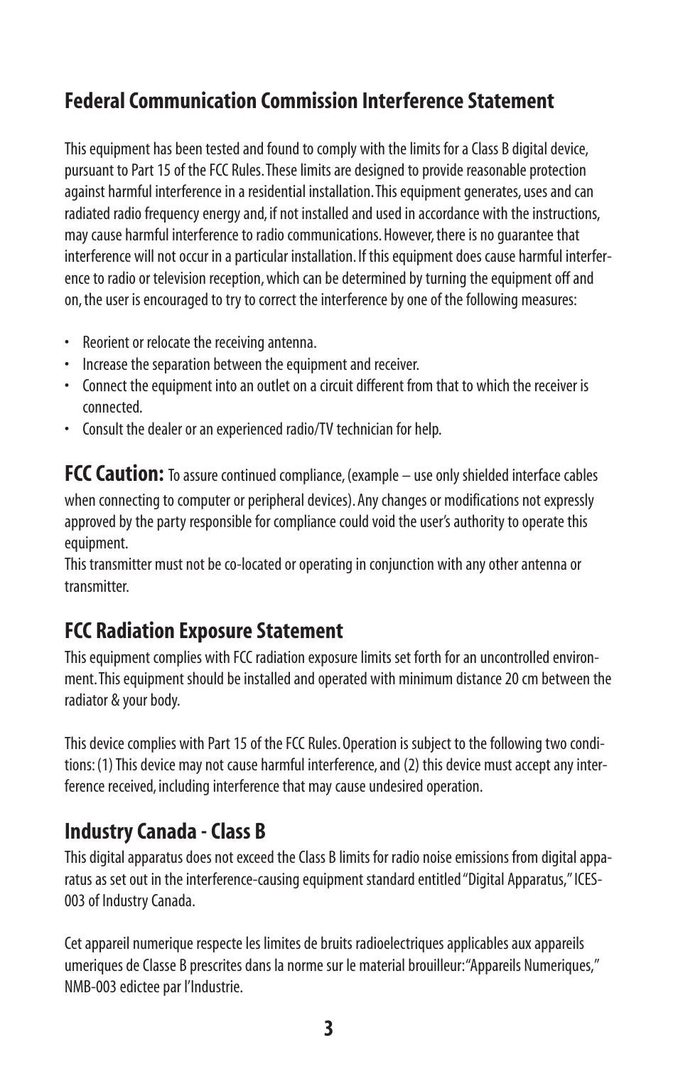 Fcc caution, Fcc radiation exposure statement, Industry canada - class b | SMC Networks SMC2582W-B User Manual | Page 3 / 52