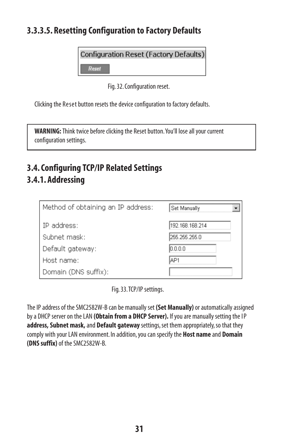 Resetting configuration to factory defaults | SMC Networks SMC2582W-B User Manual | Page 31 / 52