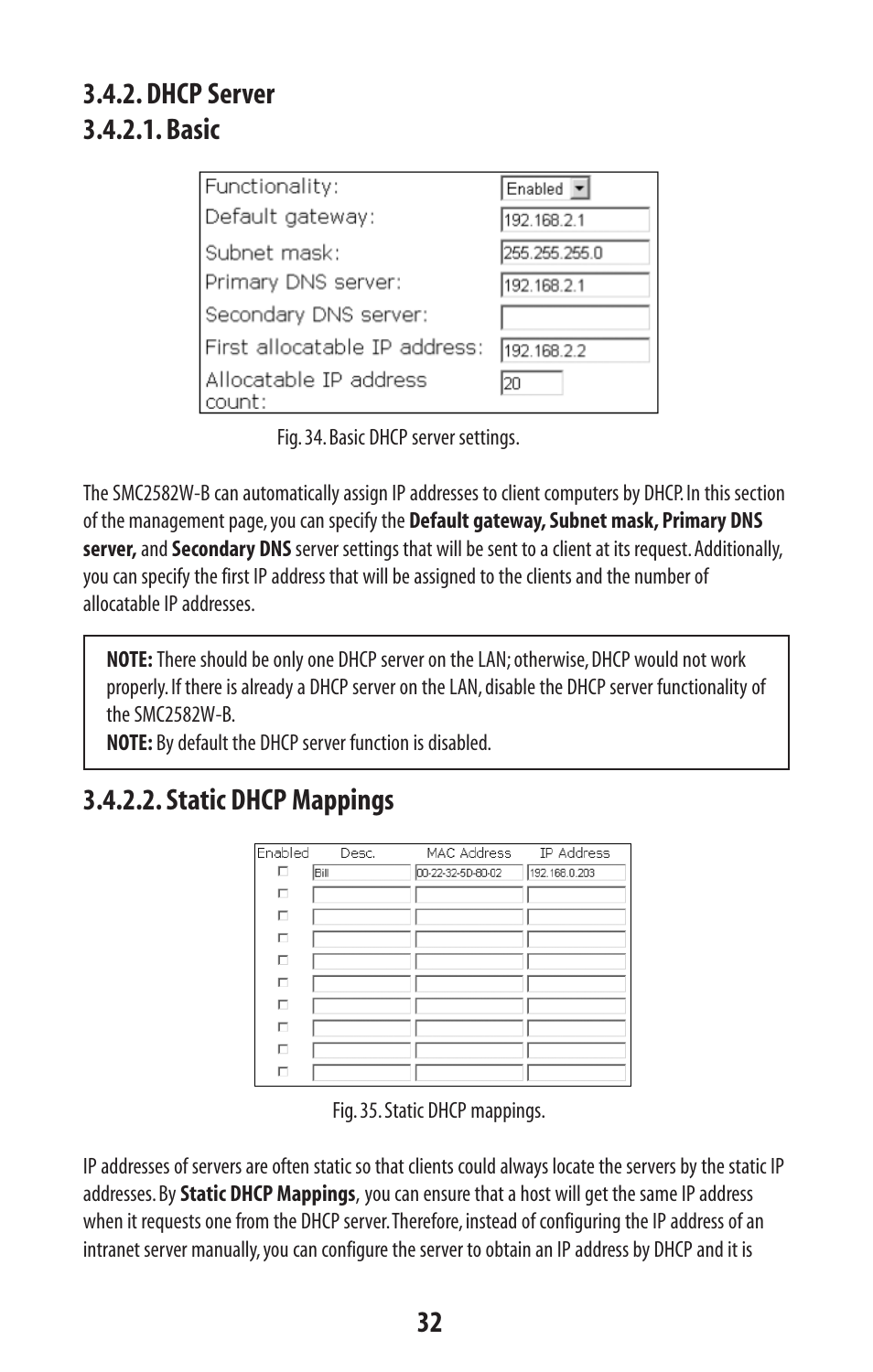 Dhcp server 3.4.2.1. basic, Static dhcp mappings | SMC Networks SMC2582W-B User Manual | Page 32 / 52