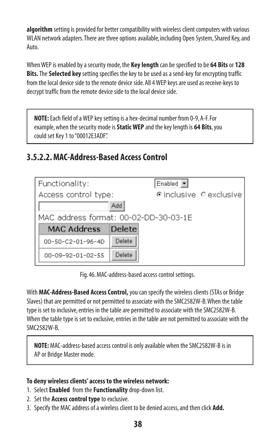 Mac-address-based access control | SMC Networks SMC2582W-B User Manual | Page 38 / 52