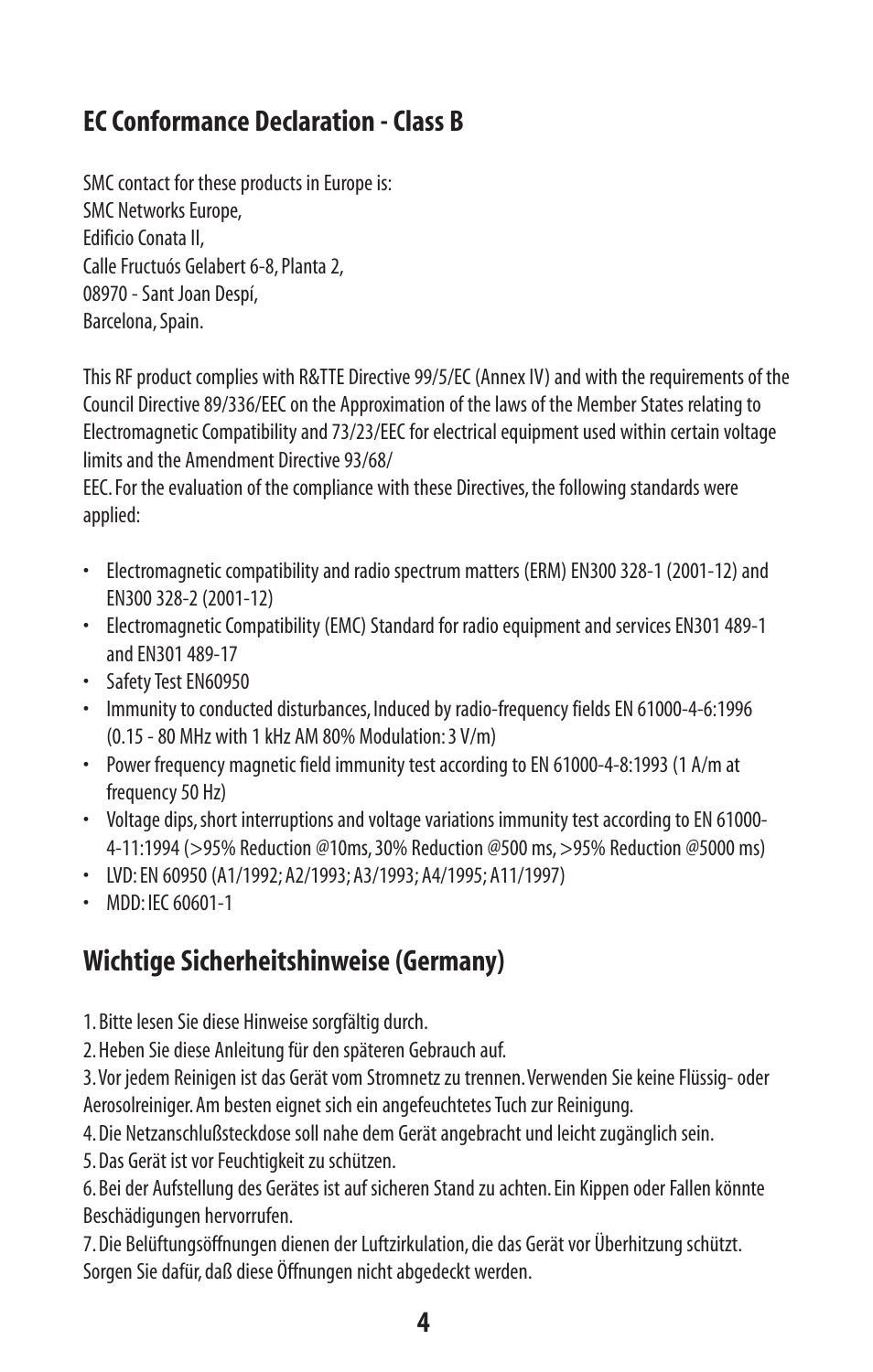 Ec conformance declaration - class b, Wichtige sicherheitshinweise (germany) | SMC Networks SMC2582W-B User Manual | Page 4 / 52