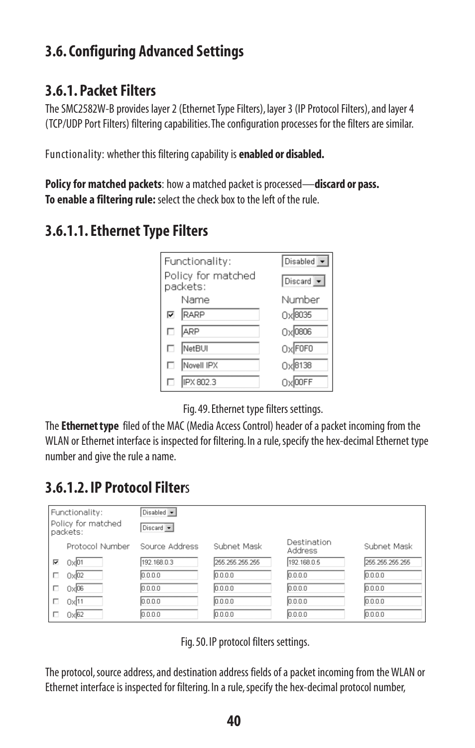 Ethernet type filters, Ip protocol filter s | SMC Networks SMC2582W-B User Manual | Page 40 / 52