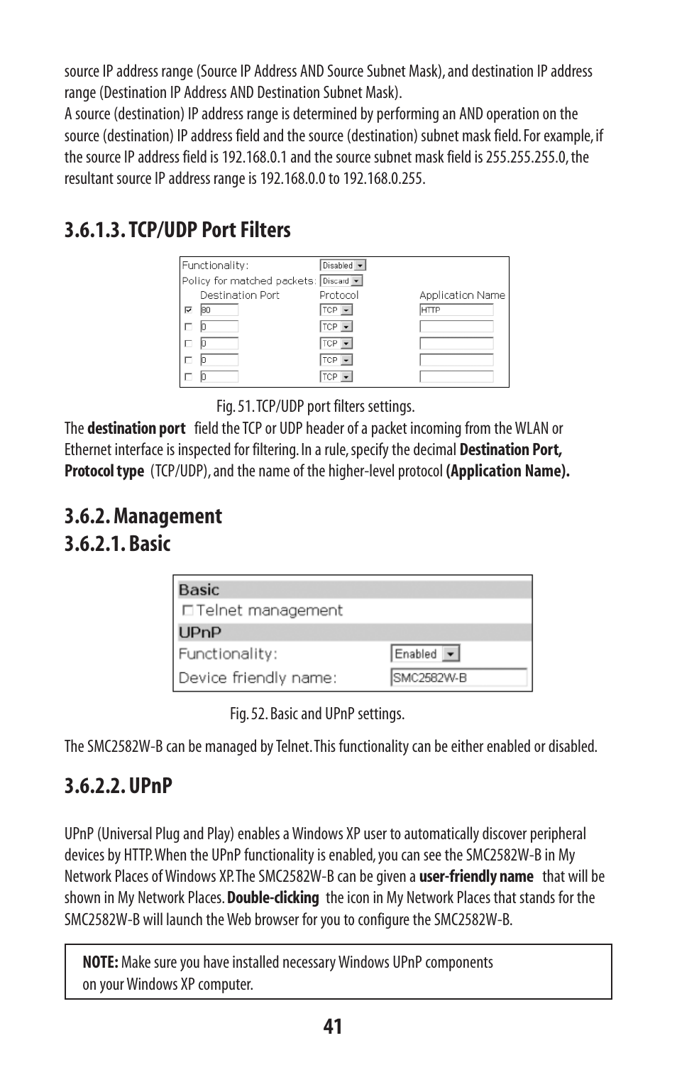 Tcp/udp port filters, Management 3.6.2.1. basic, Upnp | SMC Networks SMC2582W-B User Manual | Page 41 / 52