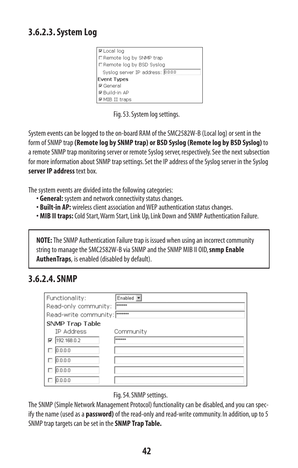 System log, Snmp | SMC Networks SMC2582W-B User Manual | Page 42 / 52