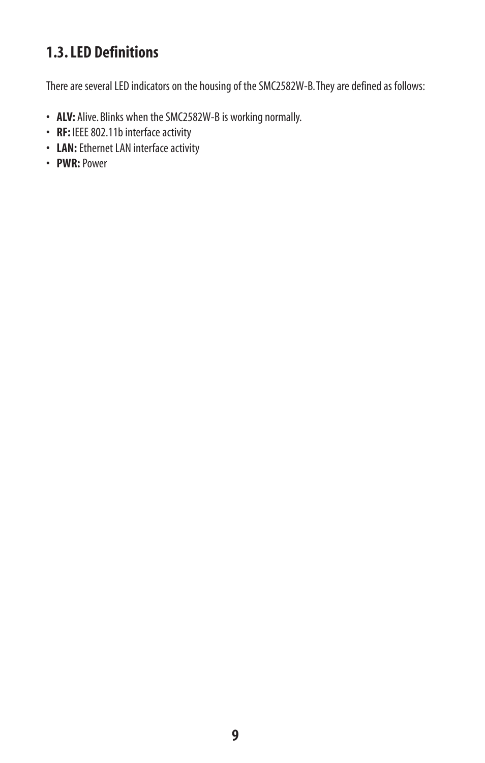 Led definitions | SMC Networks SMC2582W-B User Manual | Page 9 / 52