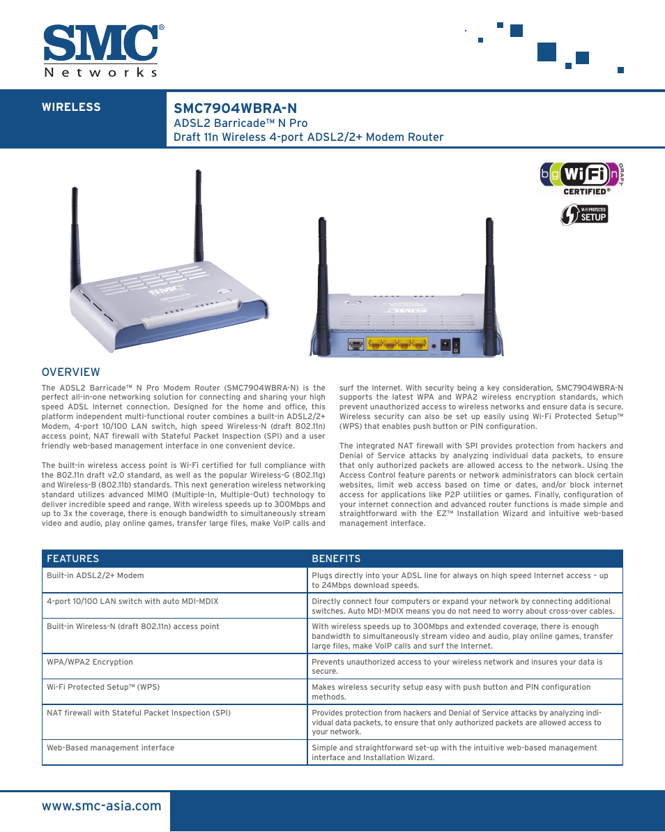 SMC Networks ADSL2 Barricade SMC7904WBRA-N User Manual | 2 pages