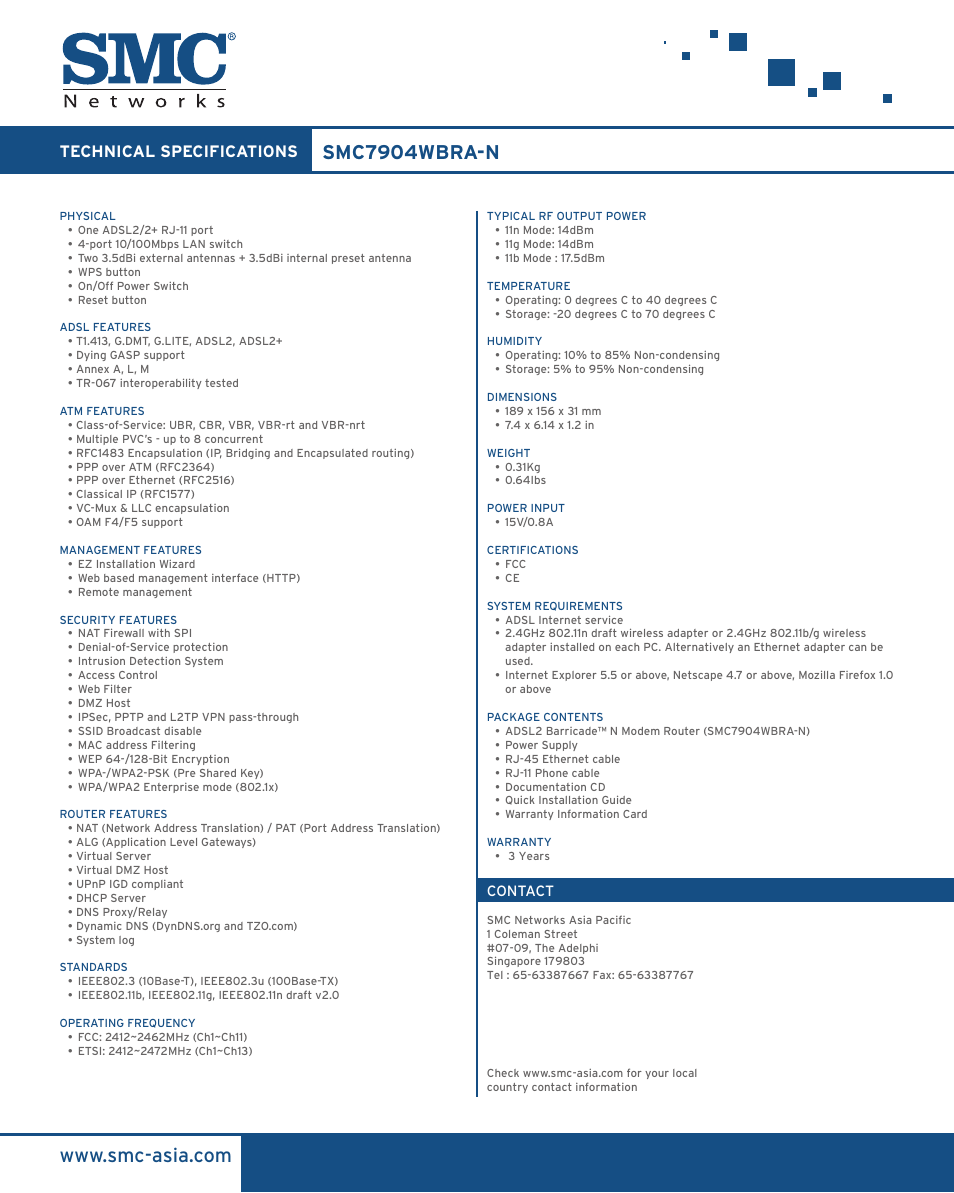 Smc7904wbra-n, Technical specifications | SMC Networks ADSL2 Barricade SMC7904WBRA-N User Manual | Page 2 / 2