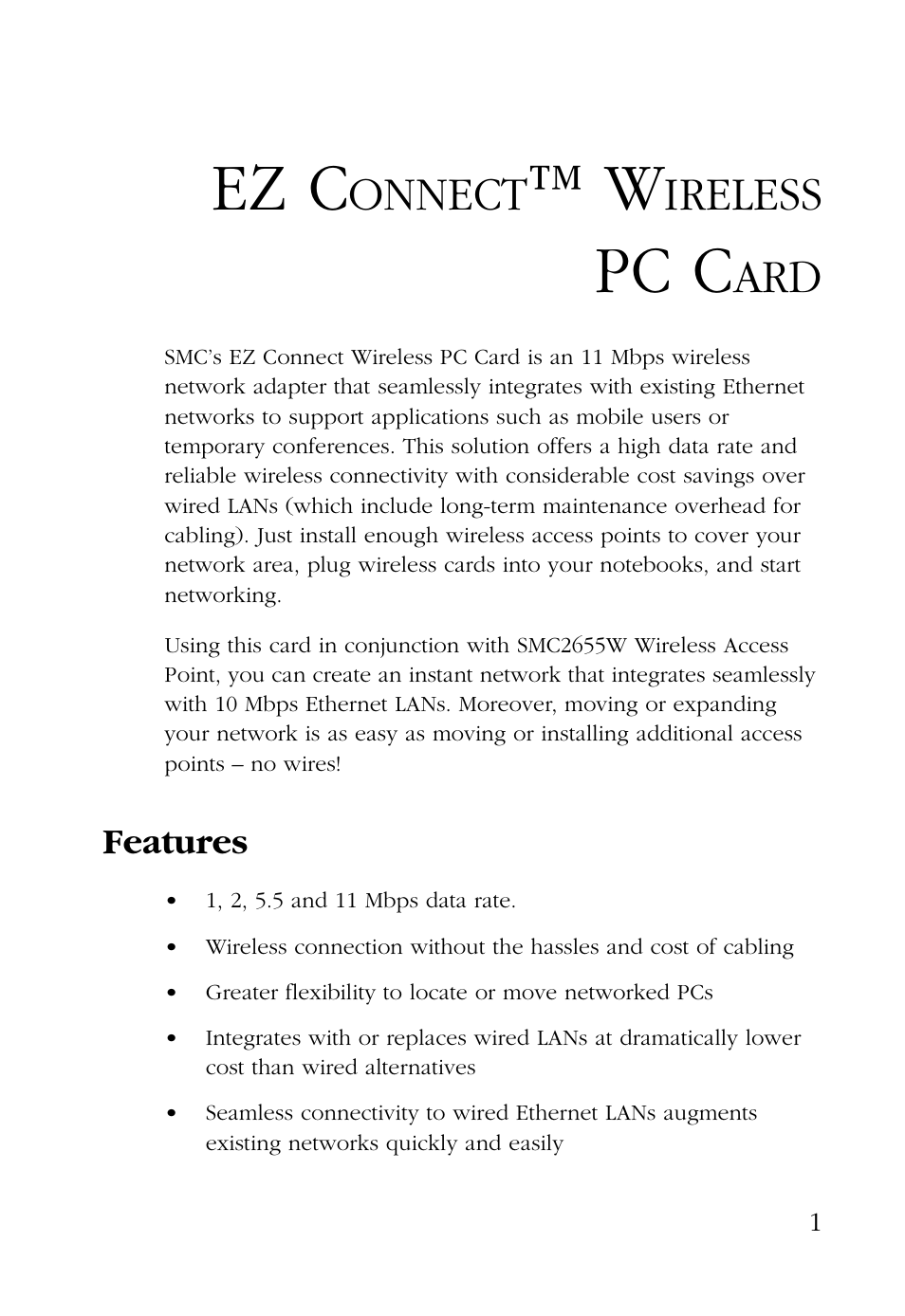 Ez connect wireless pc card, Features, Ez connect™ wireless pc card | Ez c, Pc c, Onnect, Ireless | SMC Networks SMC EZ Connect SMC2632W User Manual | Page 13 / 58