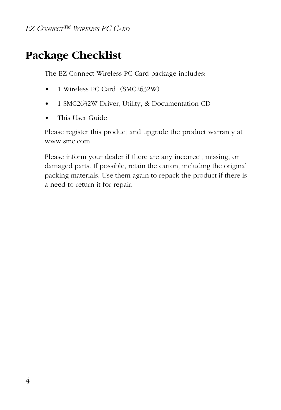 Package checklist, Ez c, Pc c | SMC Networks SMC EZ Connect SMC2632W User Manual | Page 16 / 58