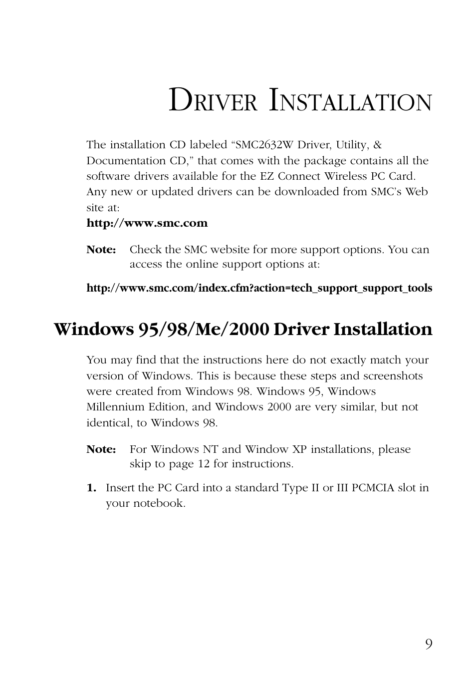 Driver installation, Windows 95/98/me/2000 driver installation, River | Nstallation | SMC Networks SMC EZ Connect SMC2632W User Manual | Page 21 / 58