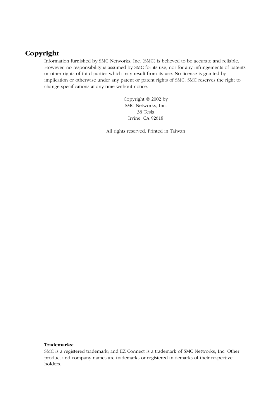 Copyright | SMC Networks SMC EZ Connect SMC2632W User Manual | Page 4 / 58