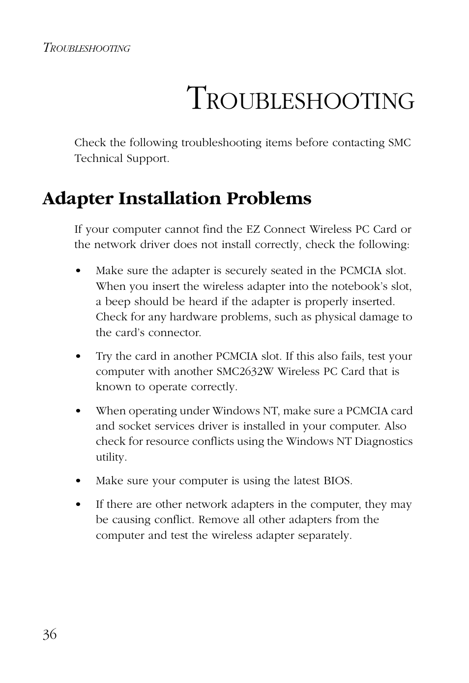 Troubleshooting, Adapter installation problems, Roubleshooting | SMC Networks SMC EZ Connect SMC2632W User Manual | Page 48 / 58