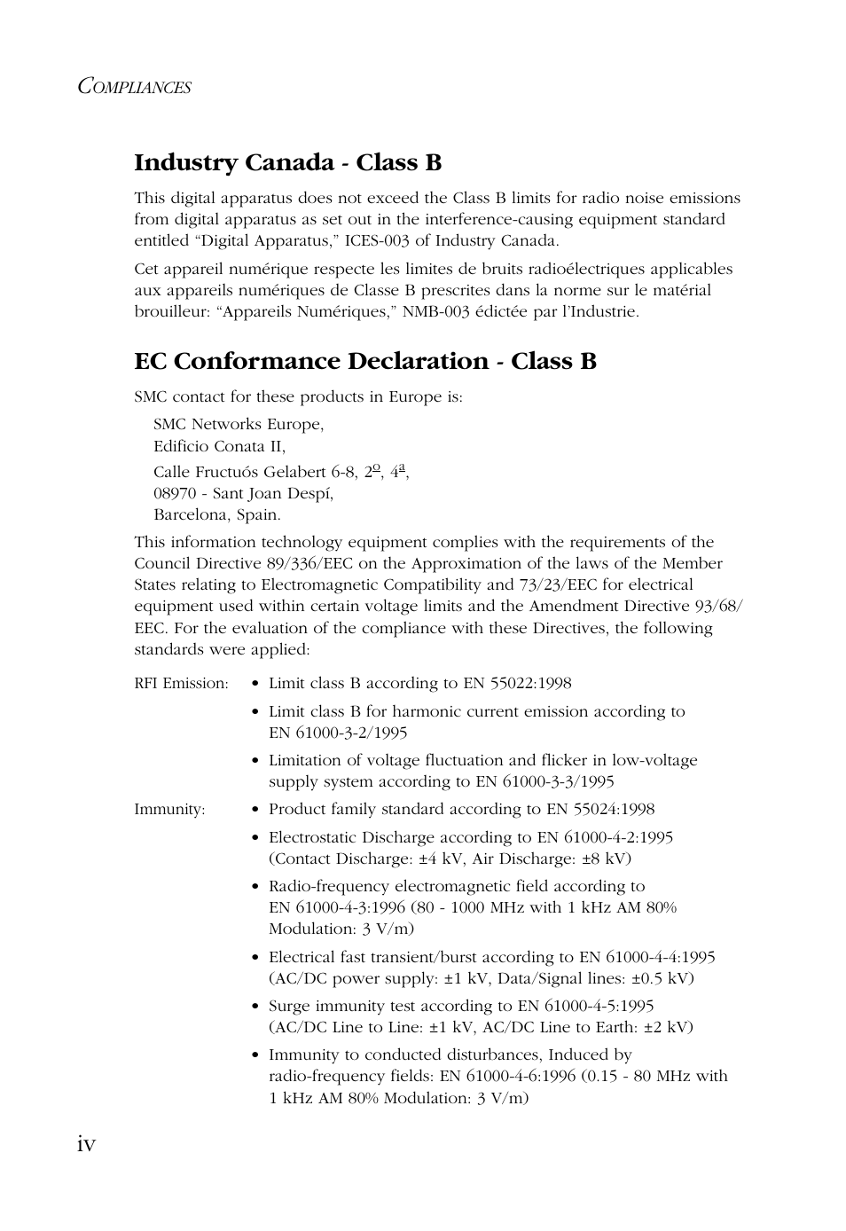 Iv industry canada - class b, Ec conformance declaration - class b | SMC Networks SMC EZ Connect SMC2632W User Manual | Page 8 / 58