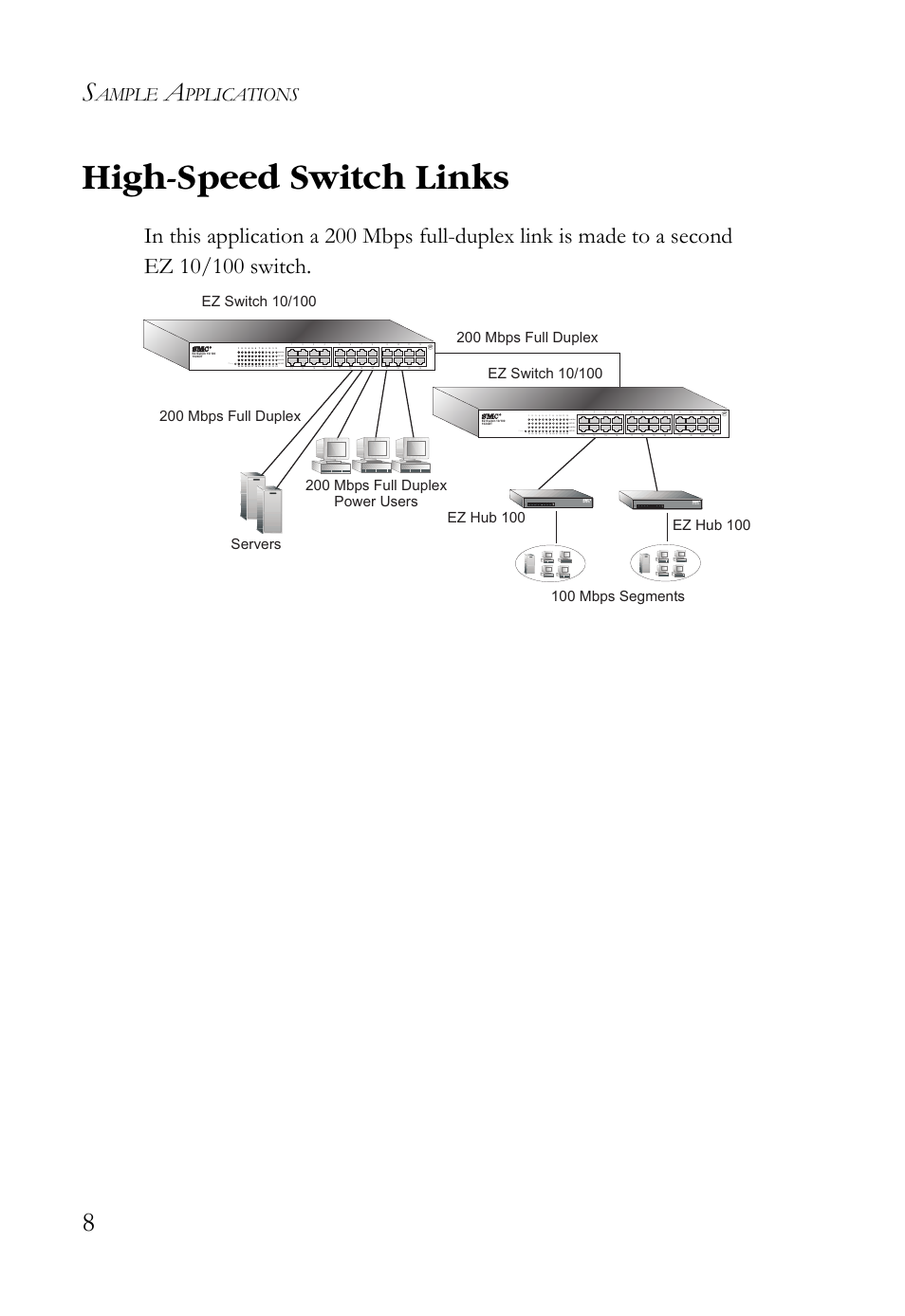 High-speed switch links, Ample, Pplications | 200 mbps full duplex, Link/act | SMC Networks SMC-EZ1024DT User Manual | Page 20 / 28