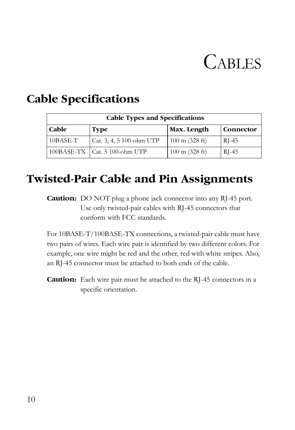 Cables, Cable specifications, Twisted-pair cable and pin assignments | Ables | SMC Networks SMC-EZ1024DT User Manual | Page 22 / 28