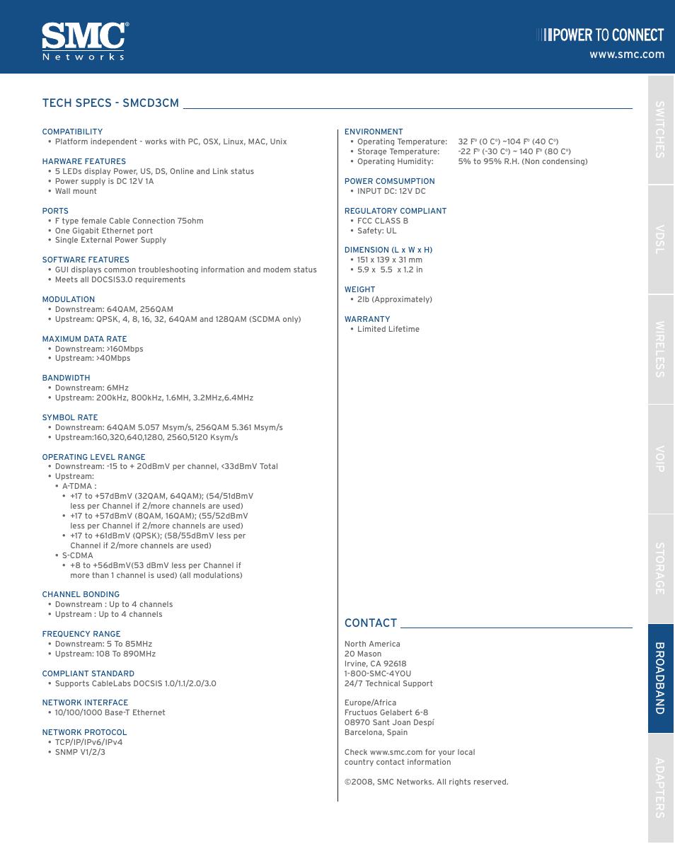 Contact | SMC Networks SMCD3CM User Manual | Page 2 / 2