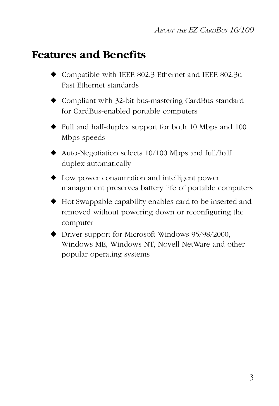 Features and benefits | SMC Networks EZ CARDBUS SMC8036TX User Manual | Page 13 / 22