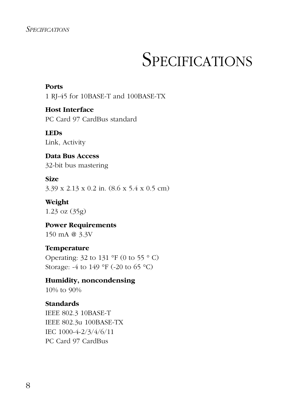 Specifications, Pecifications | SMC Networks EZ CARDBUS SMC8036TX User Manual | Page 18 / 22