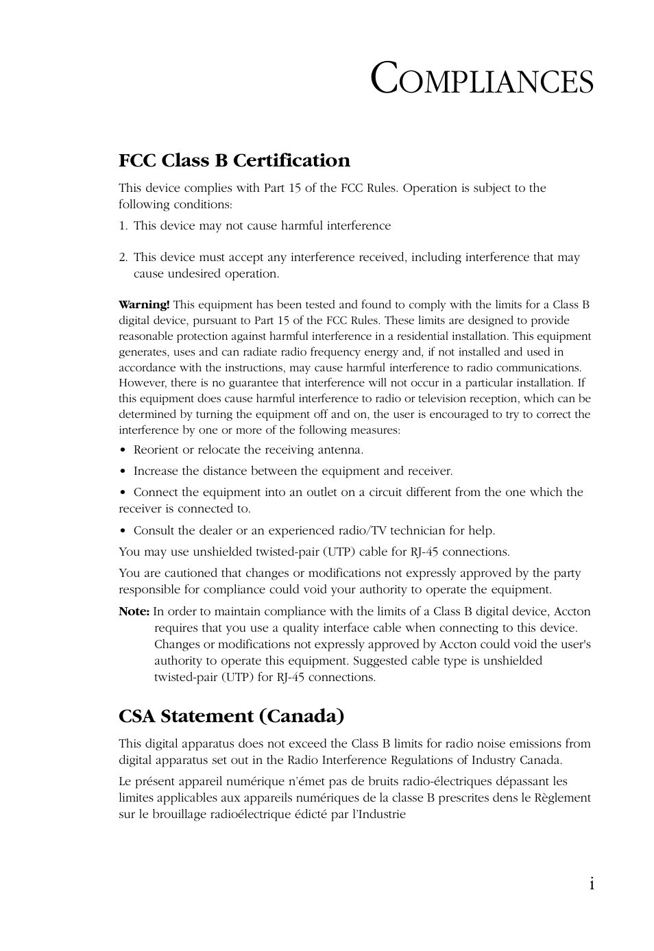 Ompliances, Fcc class b certification, Csa statement (canada) | SMC Networks EZ CARDBUS SMC8036TX User Manual | Page 7 / 22