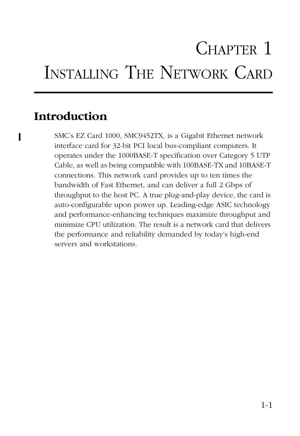 Chapter 1 installing the network card, Introduction, Installing the network card -1 | Introduction -1 | SMC Networks SMC EZ Card 1000 SMC9452TX User Manual | Page 13 / 62