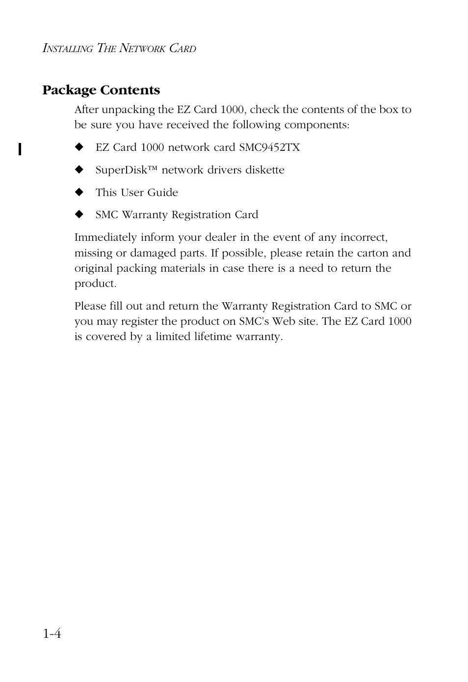 Package contents, Package contents -4, 4 package contents | SMC Networks SMC EZ Card 1000 SMC9452TX User Manual | Page 16 / 62