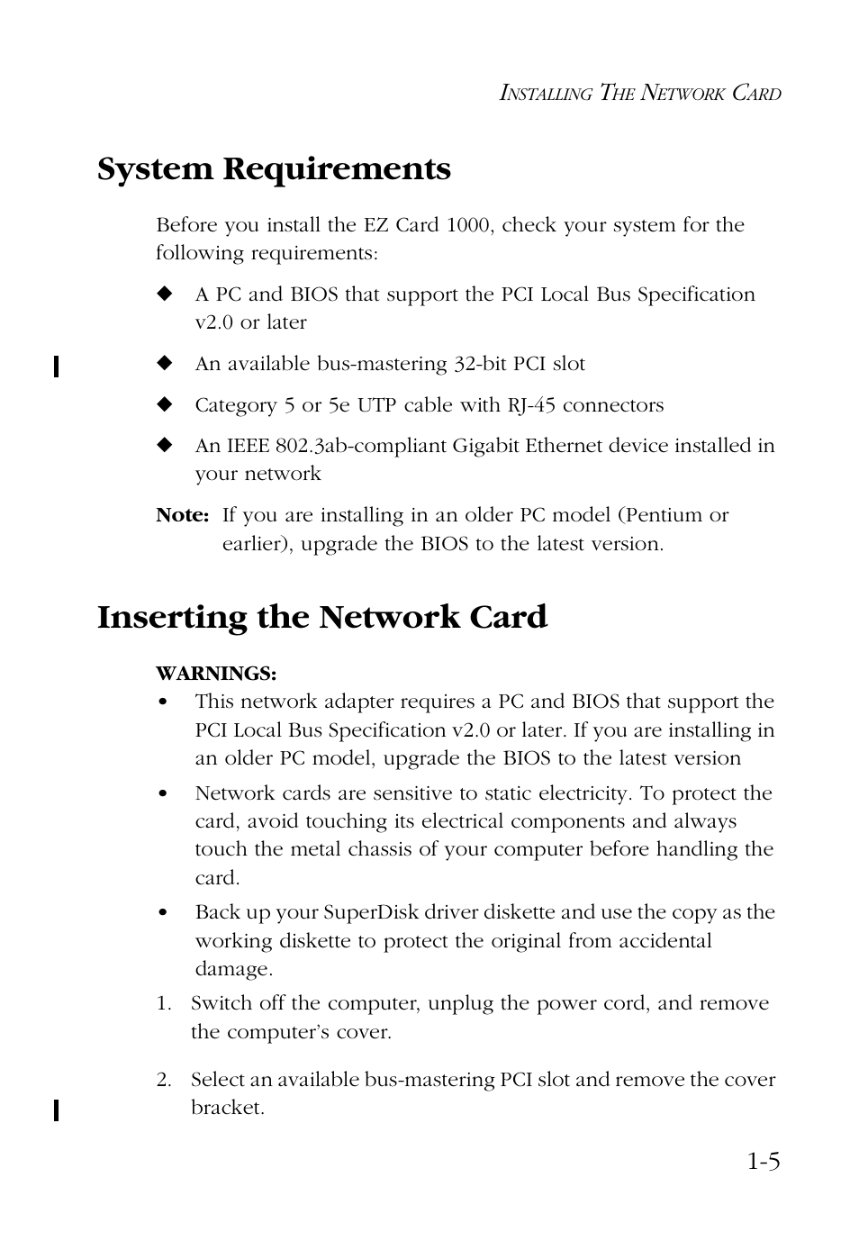 System requirements, Inserting the network card | SMC Networks SMC EZ Card 1000 SMC9452TX User Manual | Page 17 / 62