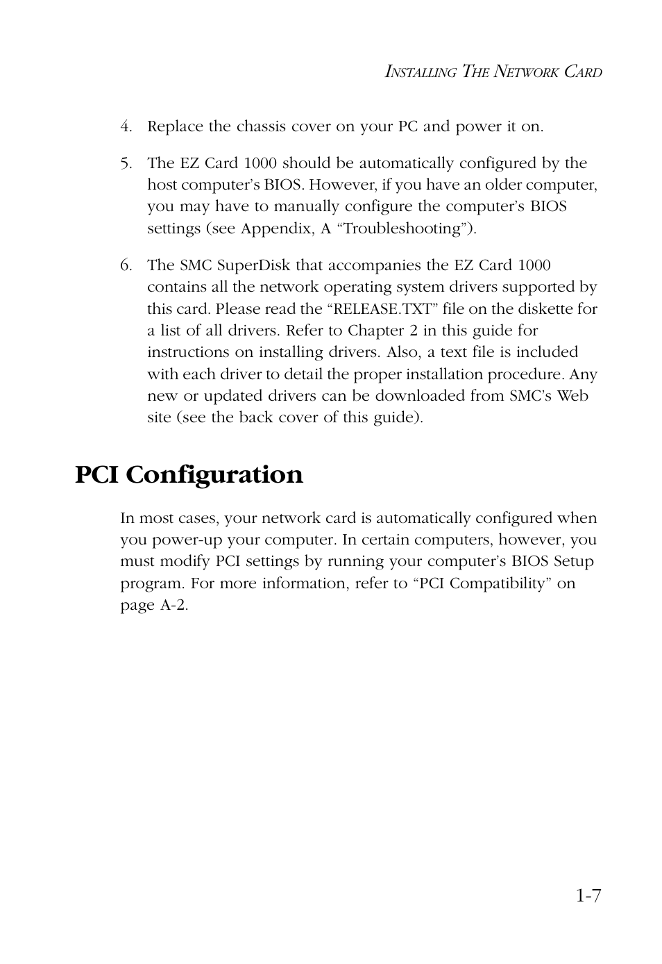 Pci configuration, Pci configuration -7 | SMC Networks SMC EZ Card 1000 SMC9452TX User Manual | Page 19 / 62