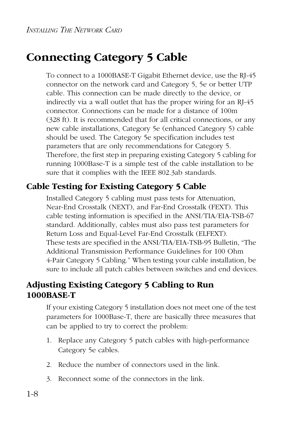 Connecting category 5 cable, Cable testing for existing category 5 cable, Connecting category 5 cable -8 | SMC Networks SMC EZ Card 1000 SMC9452TX User Manual | Page 20 / 62
