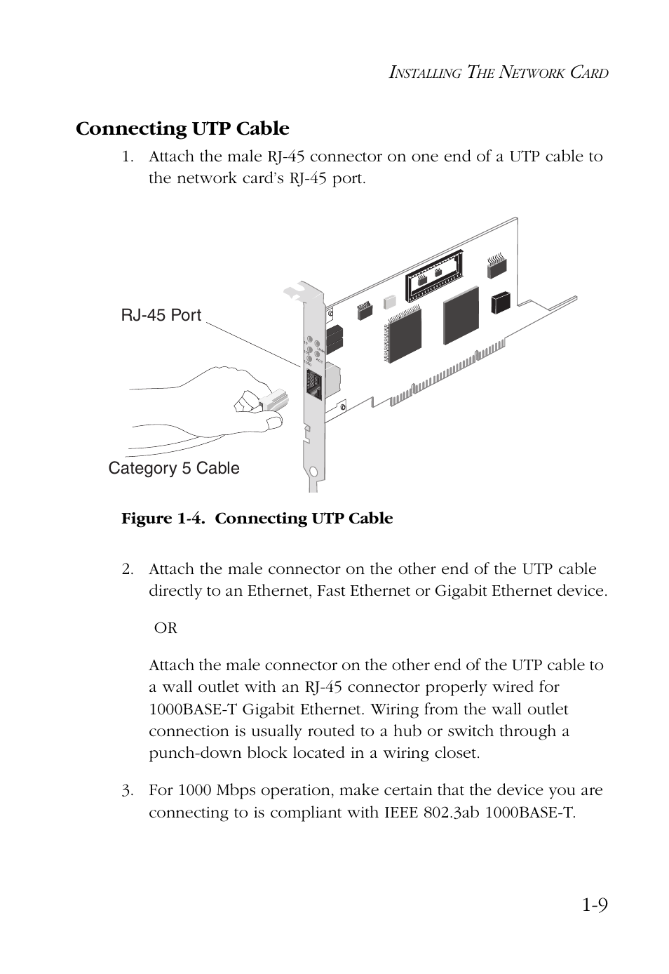 Connecting utp cable, Connecting utp cable -9, 9 connecting utp cable | Category 5 cable rj-45 port | SMC Networks SMC EZ Card 1000 SMC9452TX User Manual | Page 21 / 62
