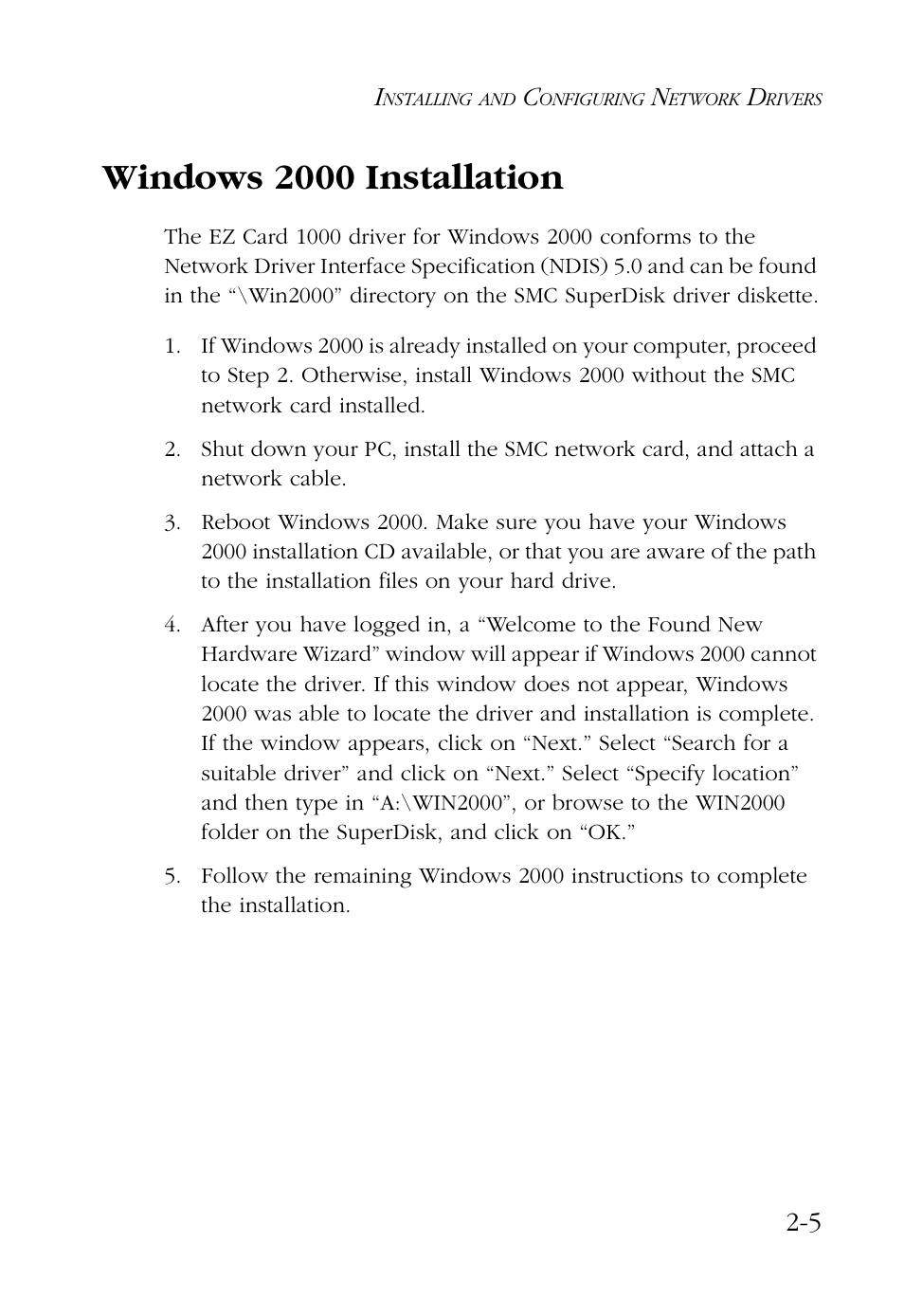 Windows 2000 installation, Windows 2000 installation -5 | SMC Networks SMC EZ Card 1000 SMC9452TX User Manual | Page 27 / 62