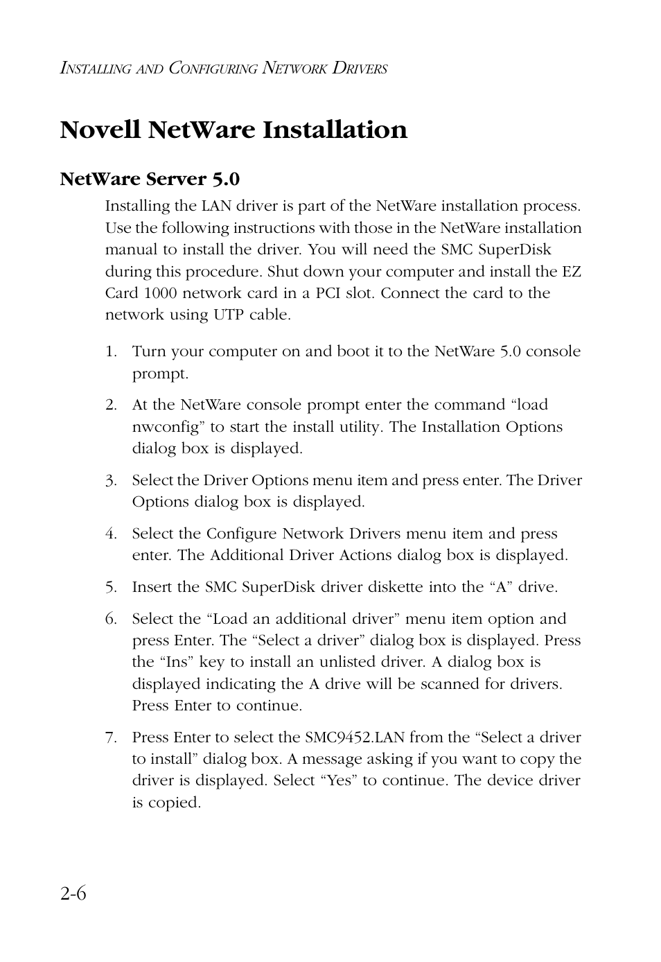 Novell netware installation, Netware server 5.0, Novell netware installation -6 | Netware server 5.0 -6 | SMC Networks SMC EZ Card 1000 SMC9452TX User Manual | Page 28 / 62