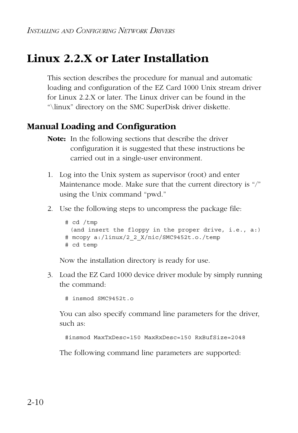 Linux 2.2.x or later installation, Manual loading and configuration, Linux 2.2.x or later installation -10 | Manual loading and configuration -10 | SMC Networks SMC EZ Card 1000 SMC9452TX User Manual | Page 32 / 62