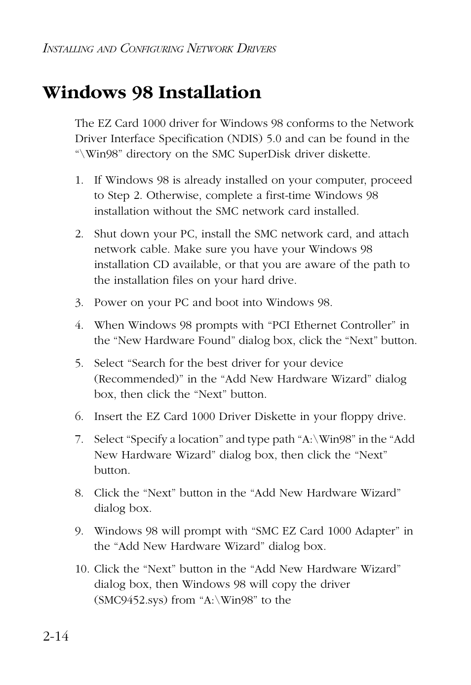 Windows 98 installation, Windows 98 installation -14 | SMC Networks SMC EZ Card 1000 SMC9452TX User Manual | Page 36 / 62