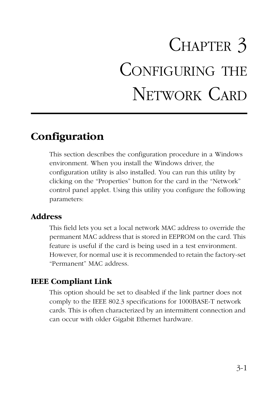 Chapter 3 configuring the network card, Configuration, Address | Ieee compliant link, Configuring thenetwork card -1, Configuration -1, Address -1 ieee compliant link -1 | SMC Networks SMC EZ Card 1000 SMC9452TX User Manual | Page 39 / 62