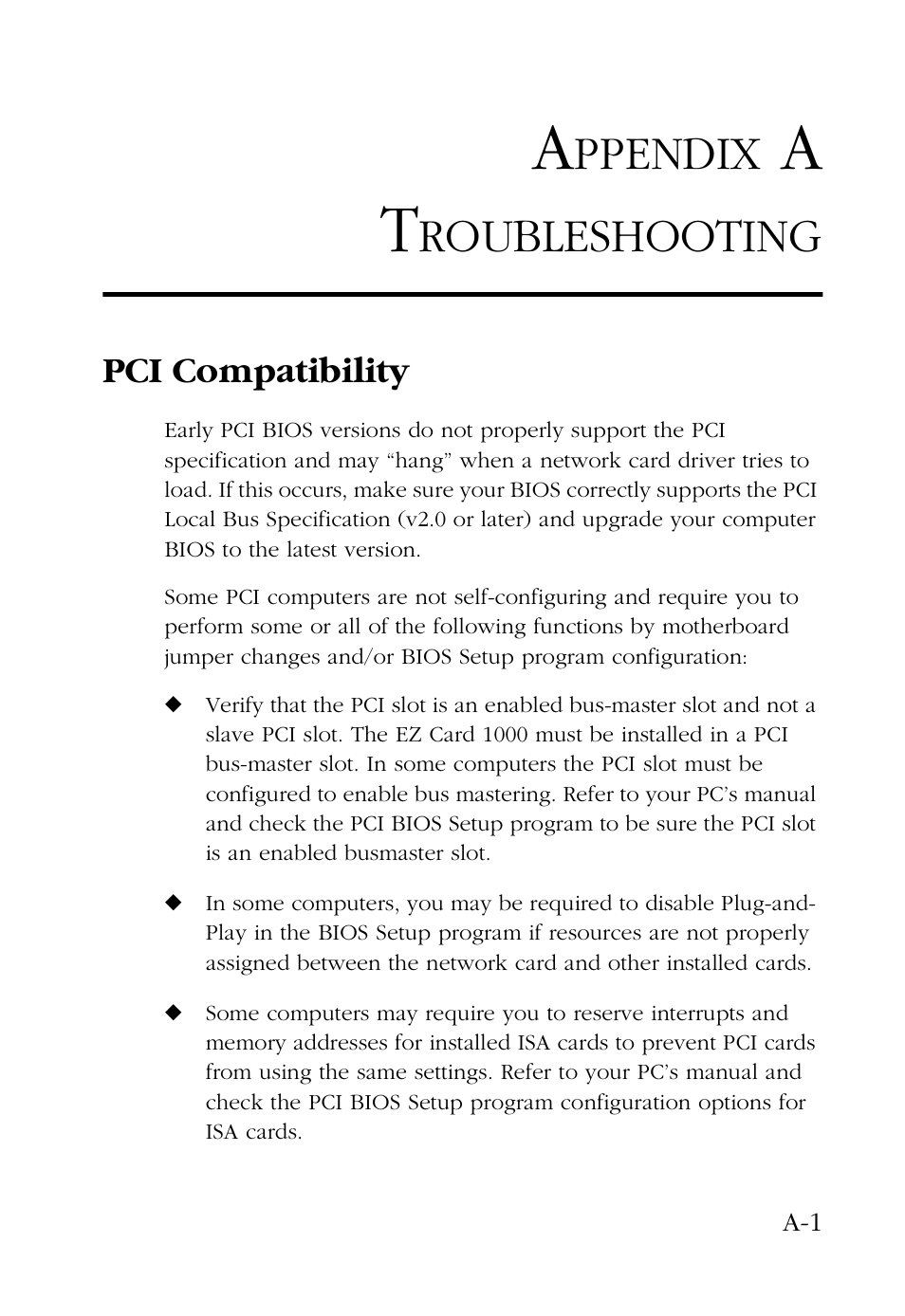 Appendix a troubleshooting, Pci compatibility, Ppendix | Roubleshooting | SMC Networks SMC EZ Card 1000 SMC9452TX User Manual | Page 43 / 62