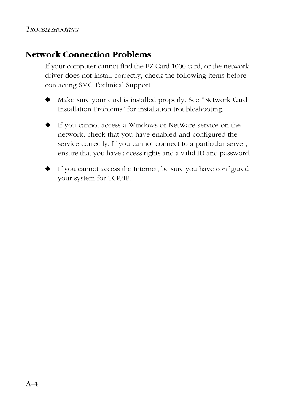 Network connection problems, A-4 network connection problems | SMC Networks SMC EZ Card 1000 SMC9452TX User Manual | Page 46 / 62