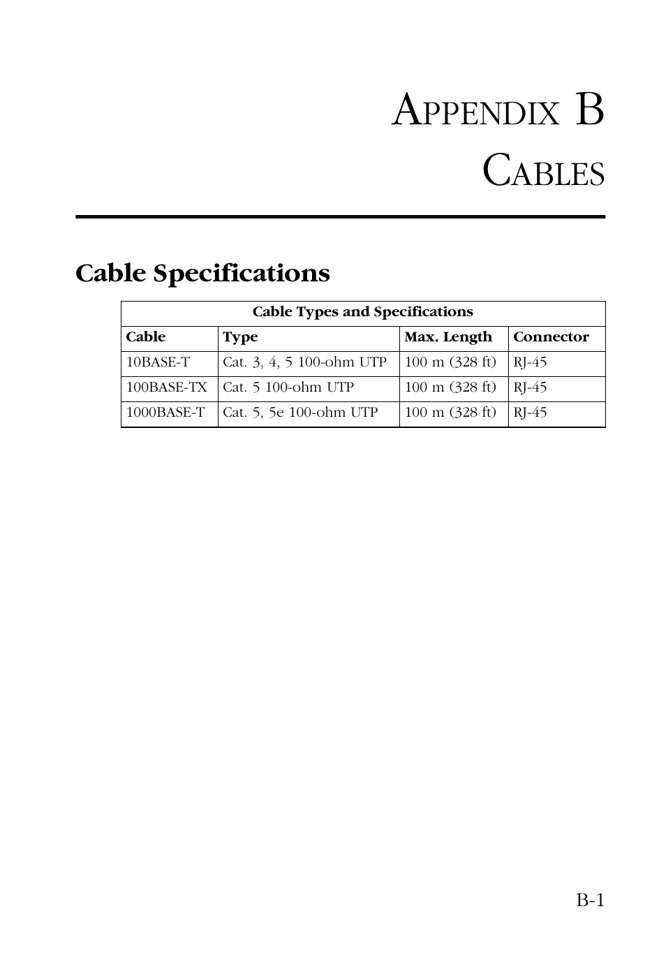 Appendix b cables, Cable specifications, Ppendix | Ables | SMC Networks SMC EZ Card 1000 SMC9452TX User Manual | Page 47 / 62