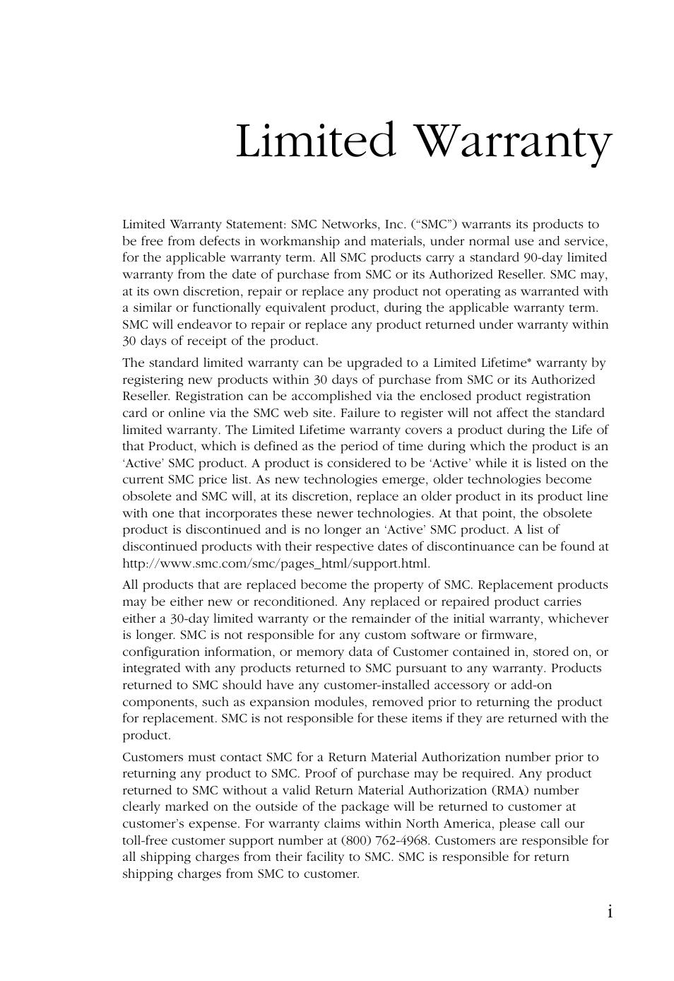 Limited warranty | SMC Networks SMC EZ Card 1000 SMC9452TX User Manual | Page 5 / 62