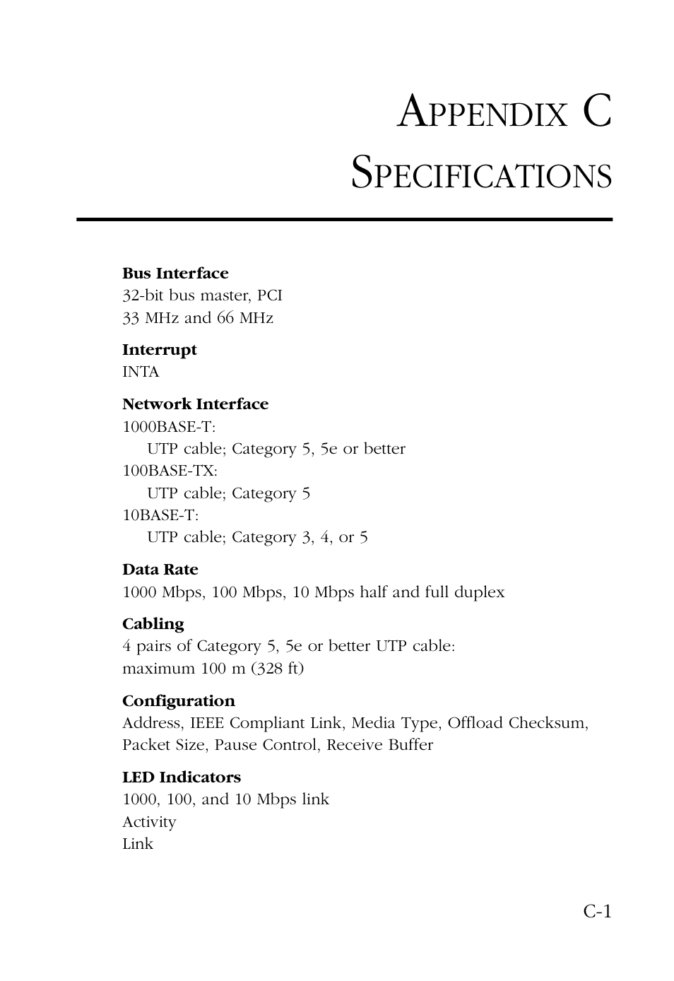 Appendix c specifications, Ppendix, Pecifications | SMC Networks SMC EZ Card 1000 SMC9452TX User Manual | Page 51 / 62
